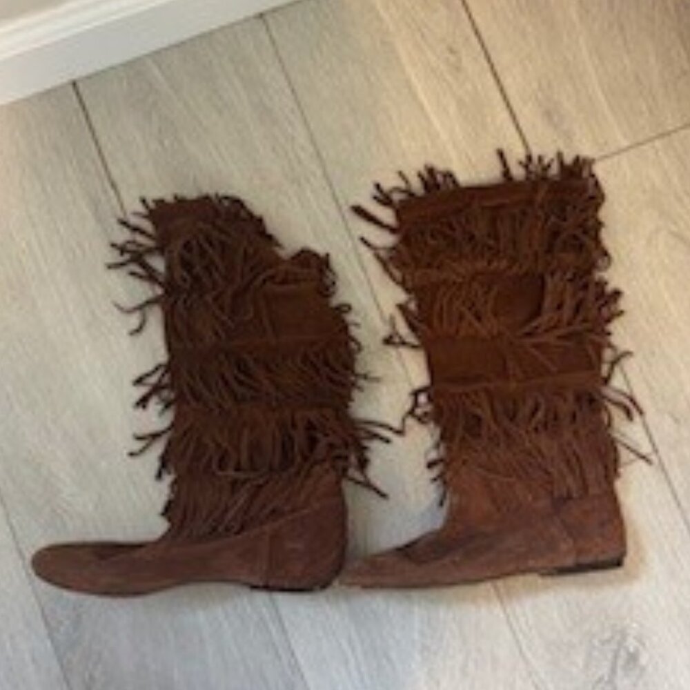 Joie Fringe Flat Boot 38 Boho Cognac Suede - image 4